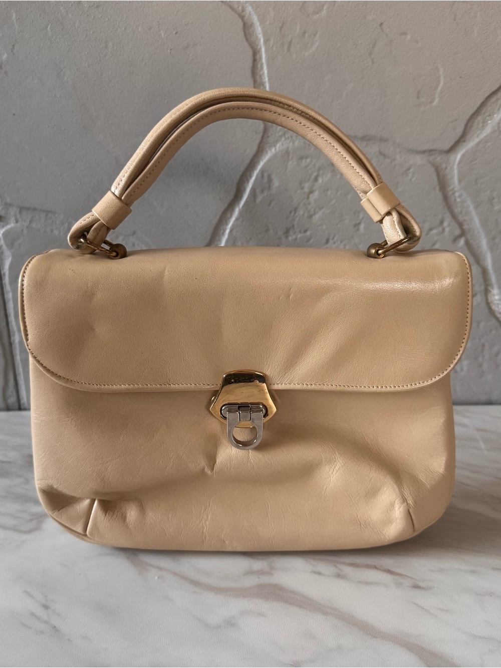 Vintage Lewis Cream Leather Top Handle Handbag Gold Turn Lock Retro Purse
